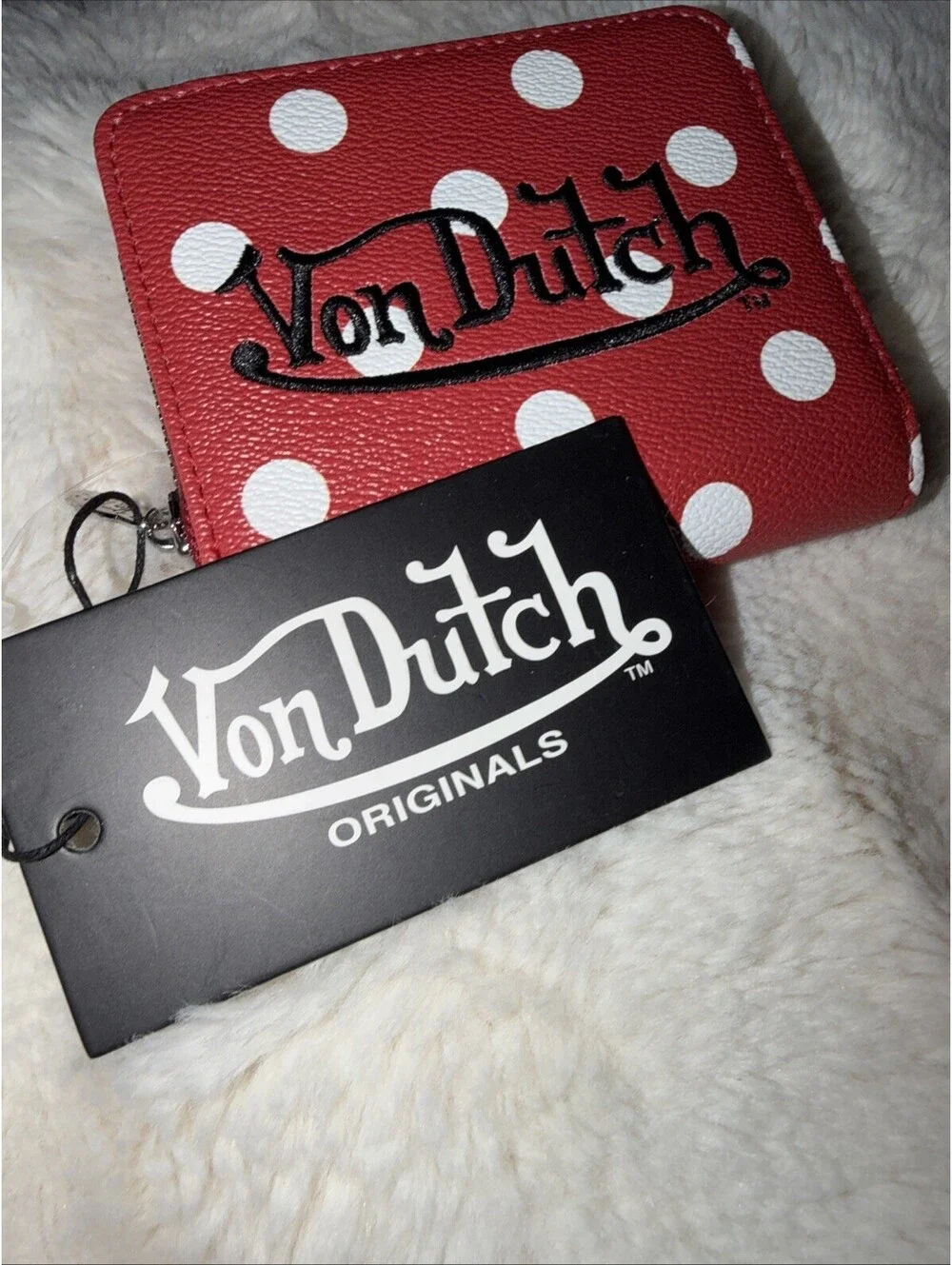 Von Dutch Wallet Red White Polka Dot ID Card Holder Zip Close NWT